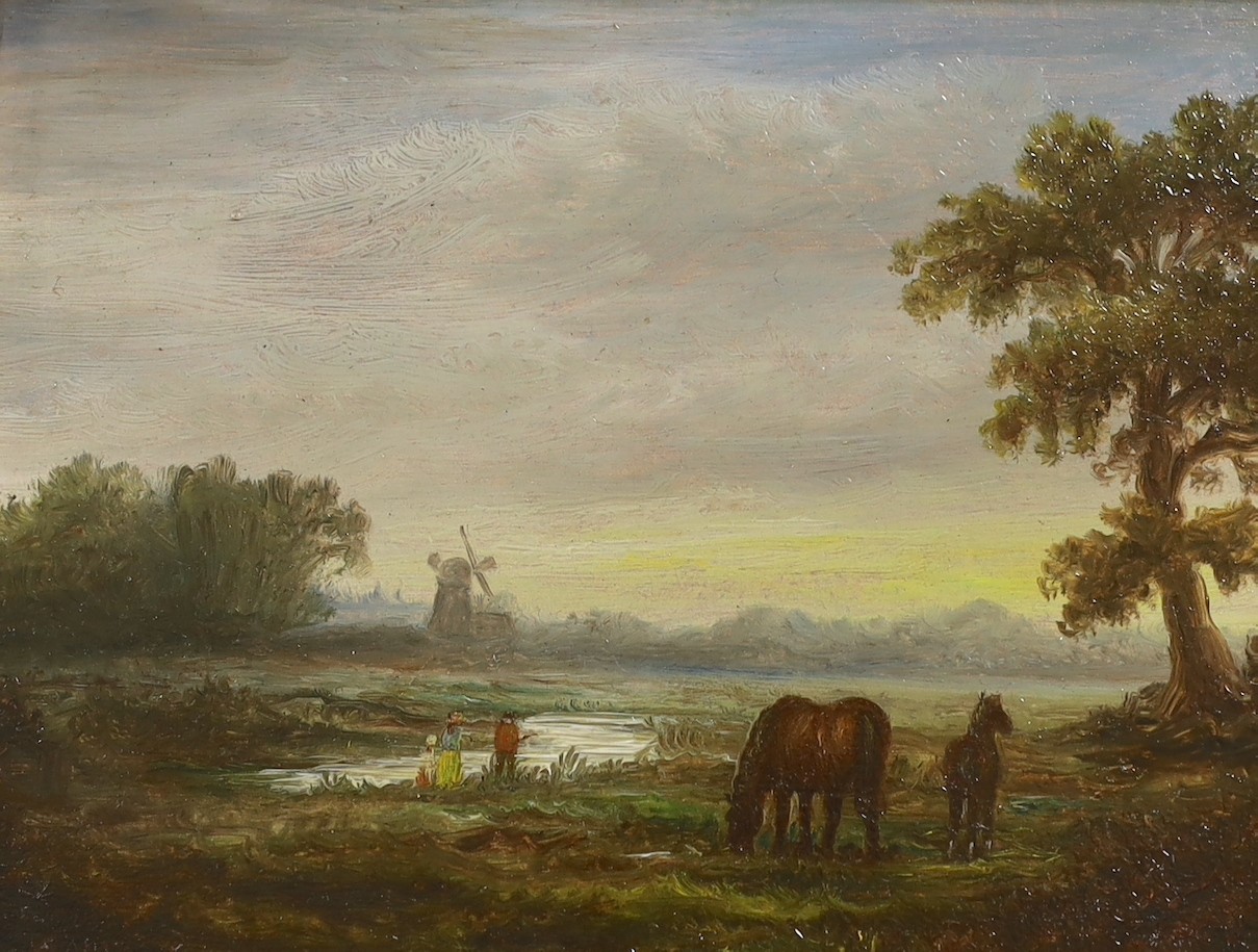 English School, oil on board, Windmill and horses in a landscape, 14 x 19cm